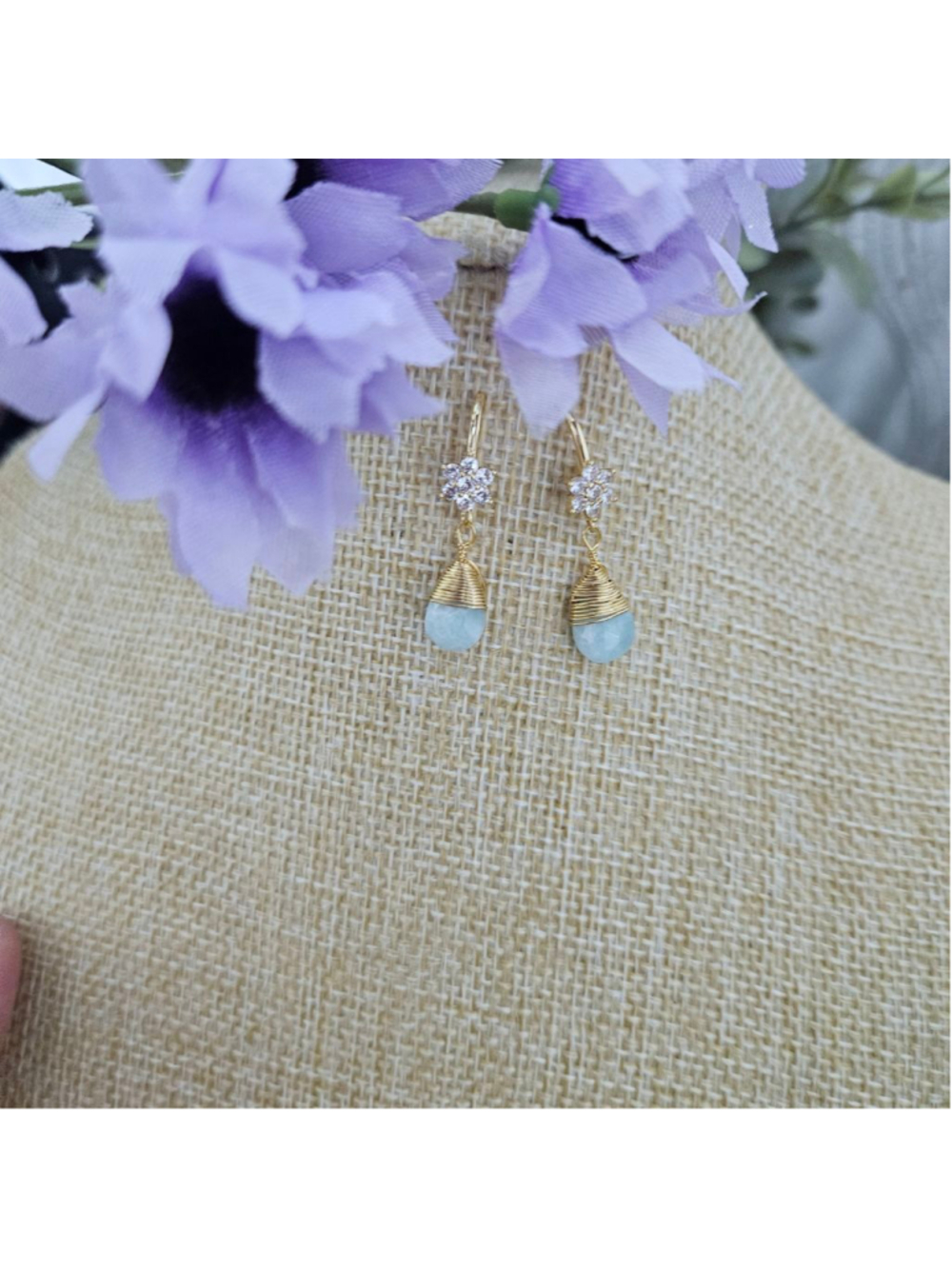18K Gold Plated Micro Pave Clear Flower CZ Amazonite Dainty Earrings
